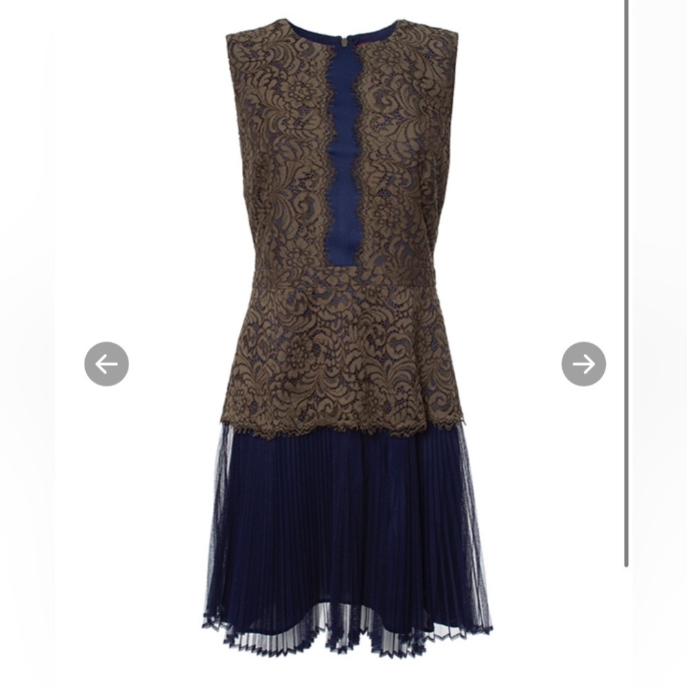 Marchesa Voyage Dress Size 4 Green Lace Blue Pleat Midi - Picture 2 of 9